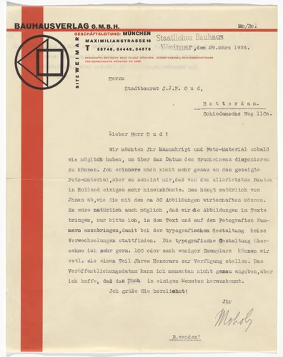 Bauhausverlag GmbH letterhead (Letter to J.J.P. Oud from Moholy-Nagy) by László Moholy-Nagy, design, 1924