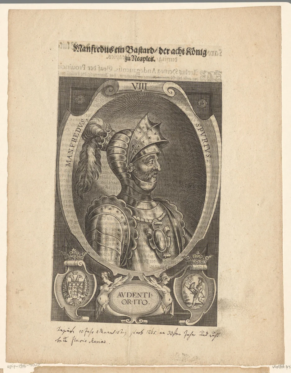 Portret van Manfred van Sicilië, koning van Napels by Lucas Kilian, print, 1589-1624