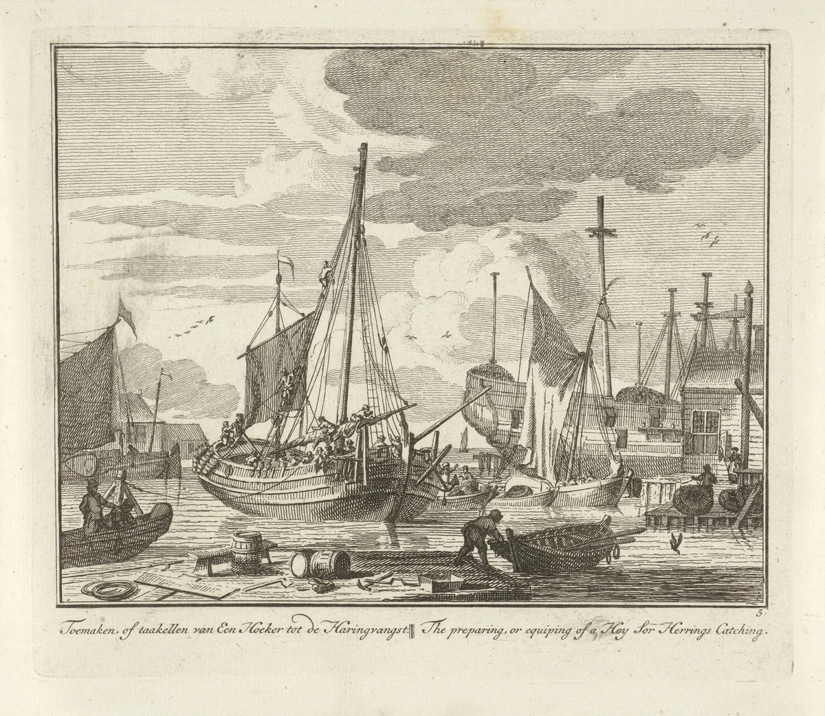 Uitrusten en bevoorraden van een hoeker voor de haringvangst by Adolf van der Laan, print, 1728-1761