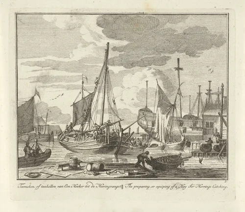 Uitrusten en bevoorraden van een hoeker voor de haringvangst by Adolf van der Laan, print, 1728-1761