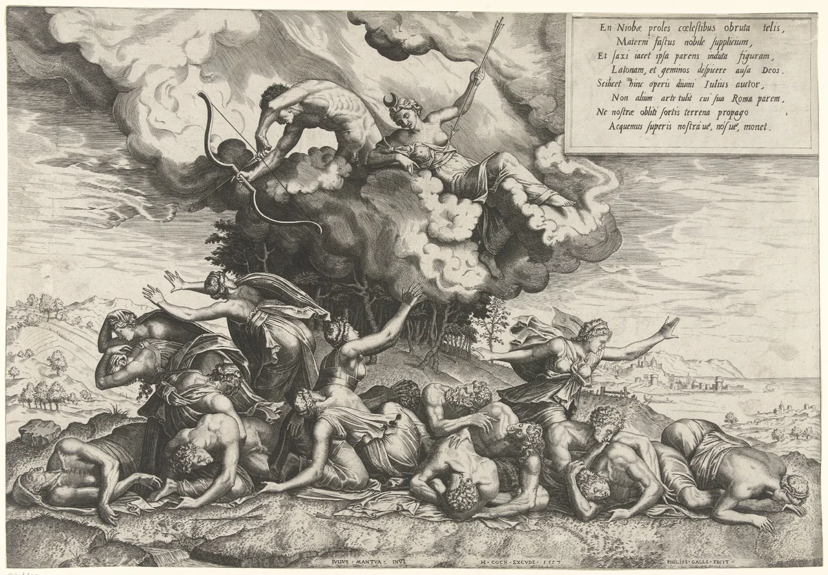 Apollo en Diana doden de kinderen van Niobe by Unknown, print, 1557
