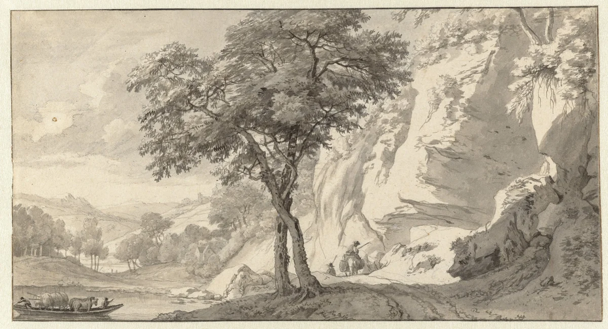 Mountain Landscape with a Ferry by Jan van Aken, drawing, 1652-1660