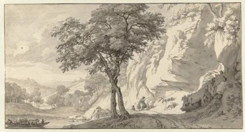 Mountain Landscape with a Ferry by Jan van Aken, drawing, 1652-1660
