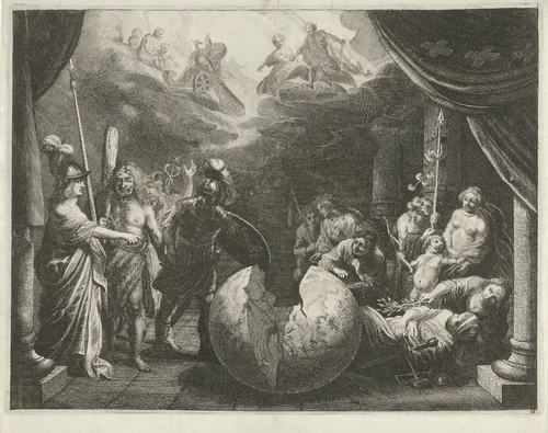 Hercules overlegt met Mars en Minerva by Pieter Nolpe, print, 1638