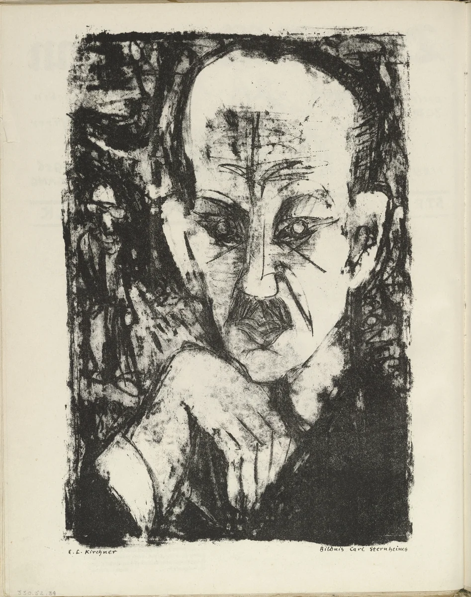 Portrait of Carl Sternheim (Bildnis Carl Sternheims) (plate, folio 18 verso) from the periodical Der Bildermann, vol. 1, no. 9 (Aug 1916) by Ernst Ludwig Kirchner, periodical, 1916