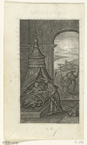 Duyfken wekt en maant Willemynken om met haar op pelgrimage te gaan by Boëtius Adamsz. Bolswert, print, 1590-1627