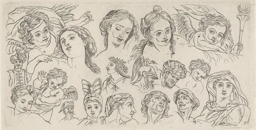 Studies van verschillende menselijke hoofden by Leonard Schenk, print, 1710-1767