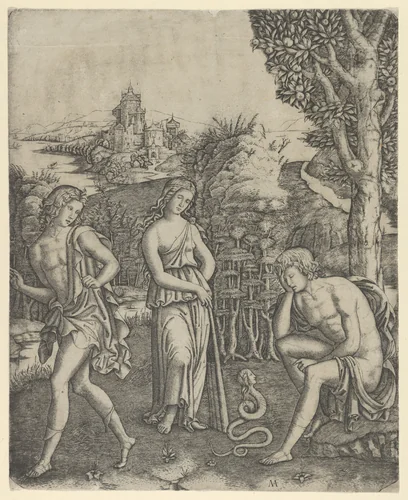 A young man sitting at right resting his head in his hand, a snake with a womans head before him, a young woman holding a pan pipes standing in the centre and a young man leaving at left by Marcantonio Raimondi, print, 1505-1515