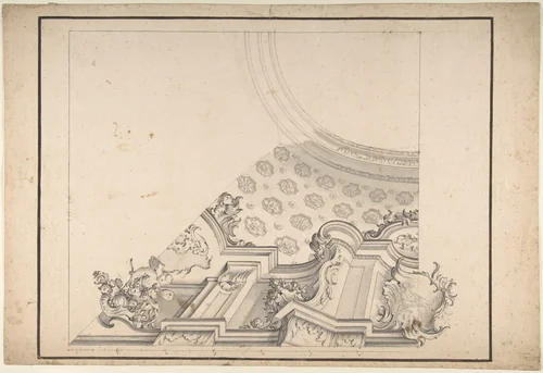 One Half Design for a Painted Ceiling with Central Oval Left Blank by anonymous, drawing, 1700-1780