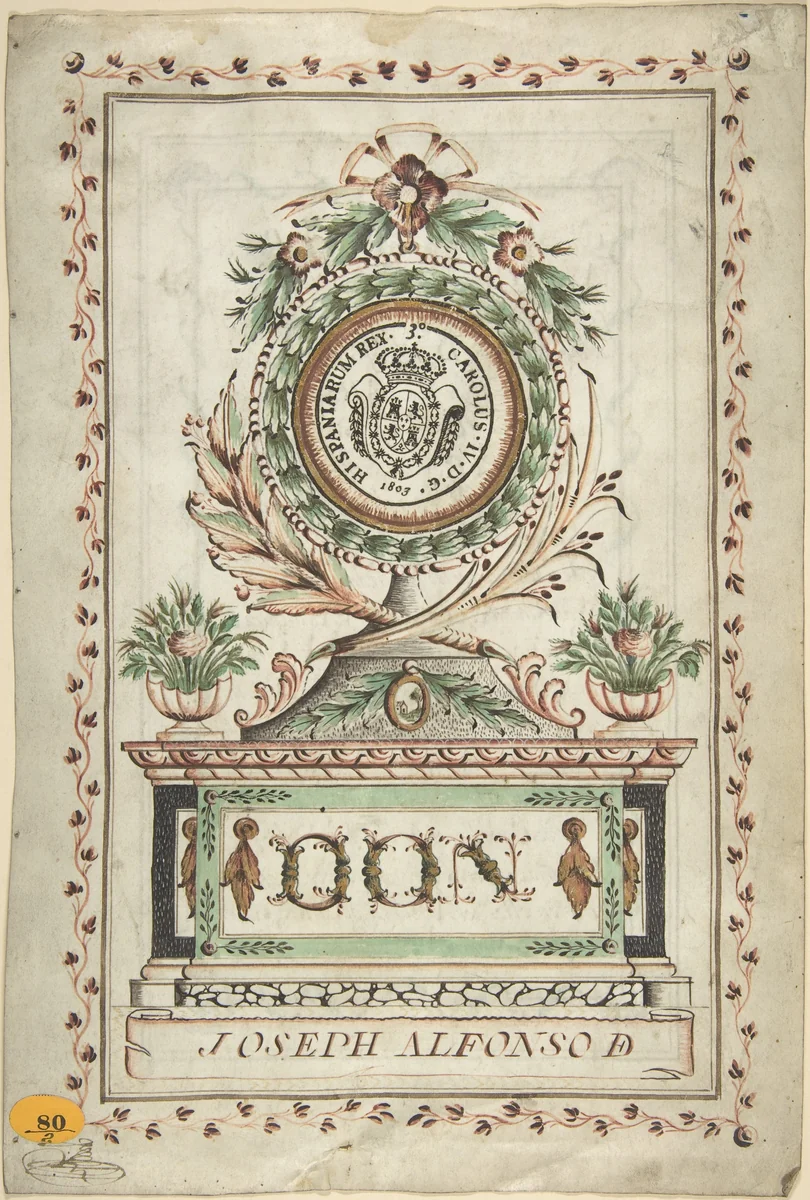 Frontispiece with Vegetal Medallion and Latin Dedication surrounding a Coat of Arms (Recto); Page of Spanish Writing within Border (Verso) by anonymous, drawing, 1700-1800
