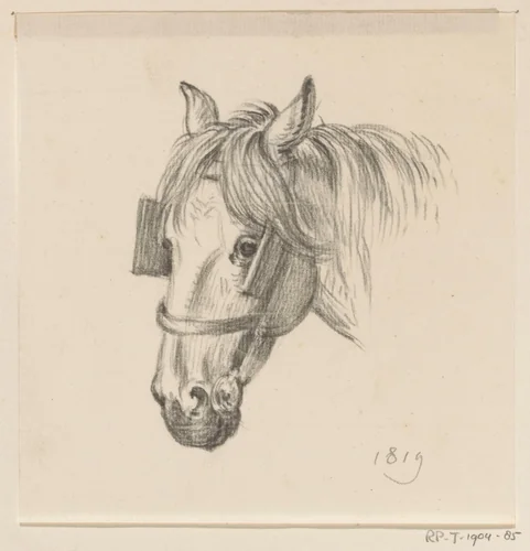 Hoofd van een paard met oogkleppen, naar links by Jean Bernard, drawing, 1819