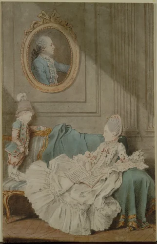 Madame Millin du Perreux and Her Son, with a Painted Portrait of Monsieur Jérôme-Robert Millin du Perreux by Louis Carmontelle, drawing, 1755-1765