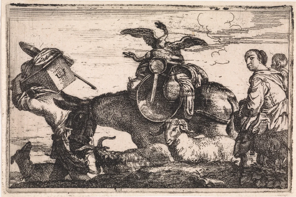 Ezel beladen met twee ganzen en huisraad by Jan Baptist de Wael, print, 1642-1669