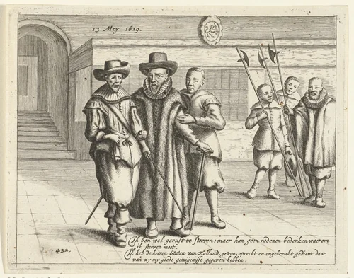 Oldenbarnevelt wordt naar het schavot geleid, 1619 by Hendrik Bary, print, 1668-1670