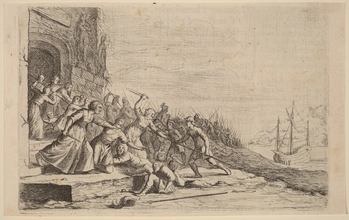 The Followers of Solon Defending the Temple of Venus by Willem Basse, print, 1634