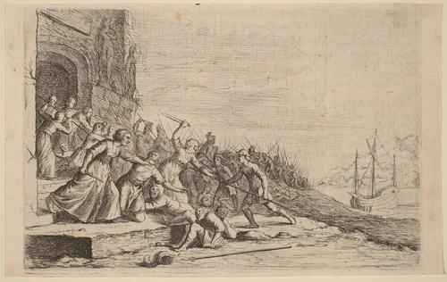 The Followers of Solon Defending the Temple of Venus by Willem Basse, print, 1634
