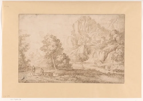 Mountain Landscape with a Bridge over a Waterfall by Johannes Glauber, drawing, 1674-1679