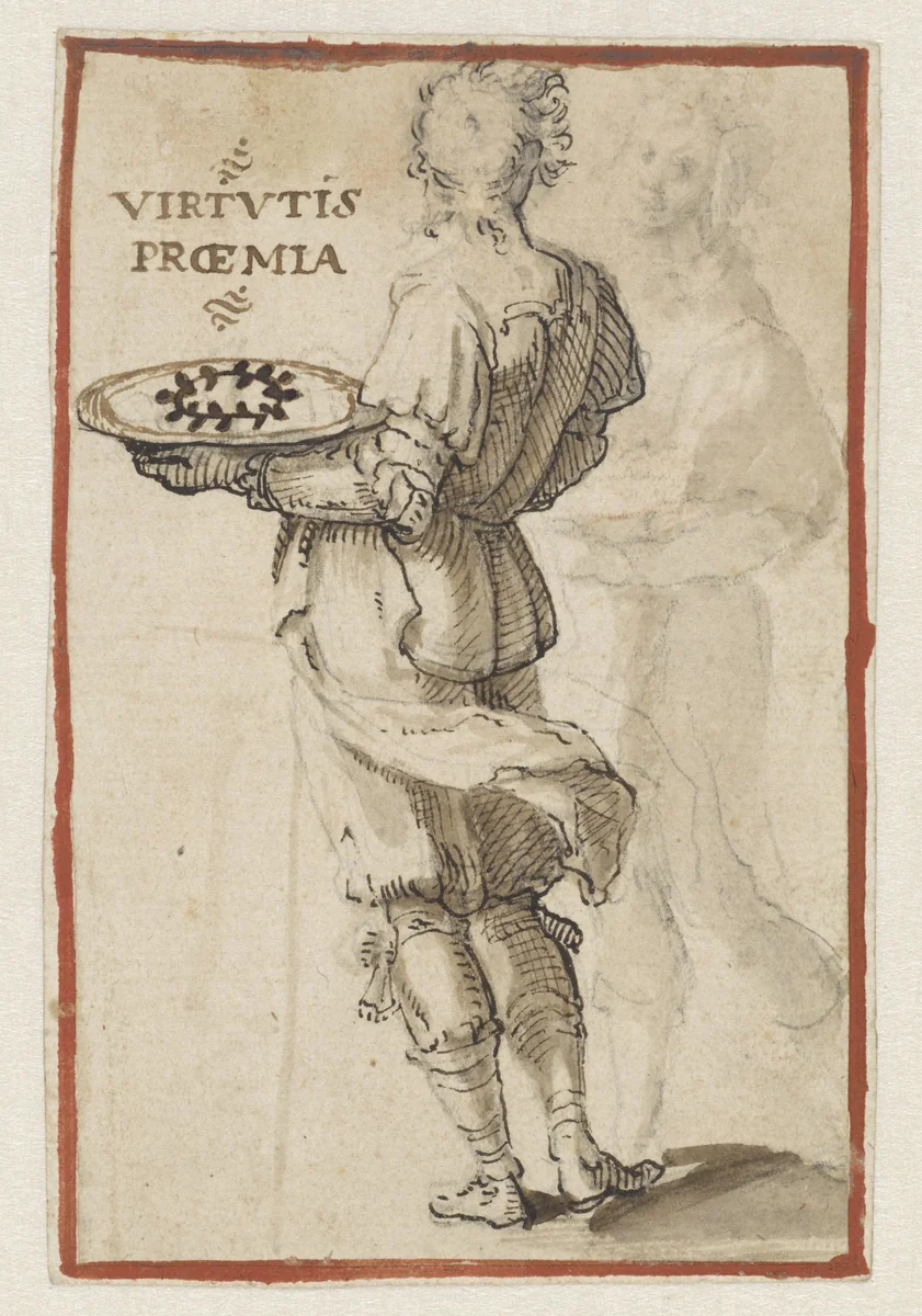 Twee jongelingen die beide een blad dragen by Unknown, drawing, 1592-1596