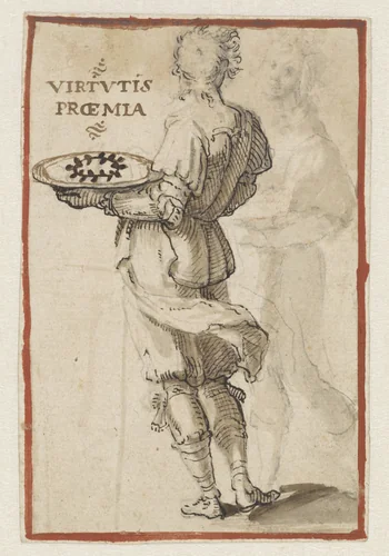 Twee jongelingen die beide een blad dragen by Unknown, drawing, 1592-1596