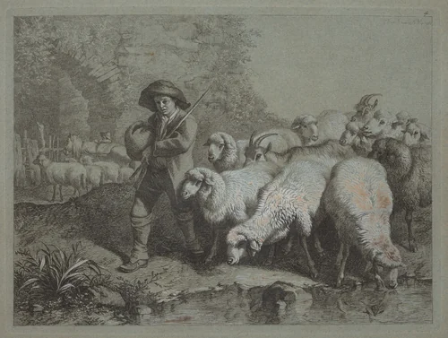 Shepherd with a Sack Driving a Flock by Francesco Londonio, print, 1723-1783