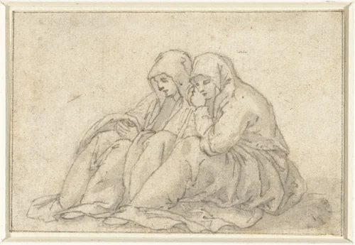 Twee op de grond zittende, treurende vrouwen by anonymous, drawing, 1600-1699
