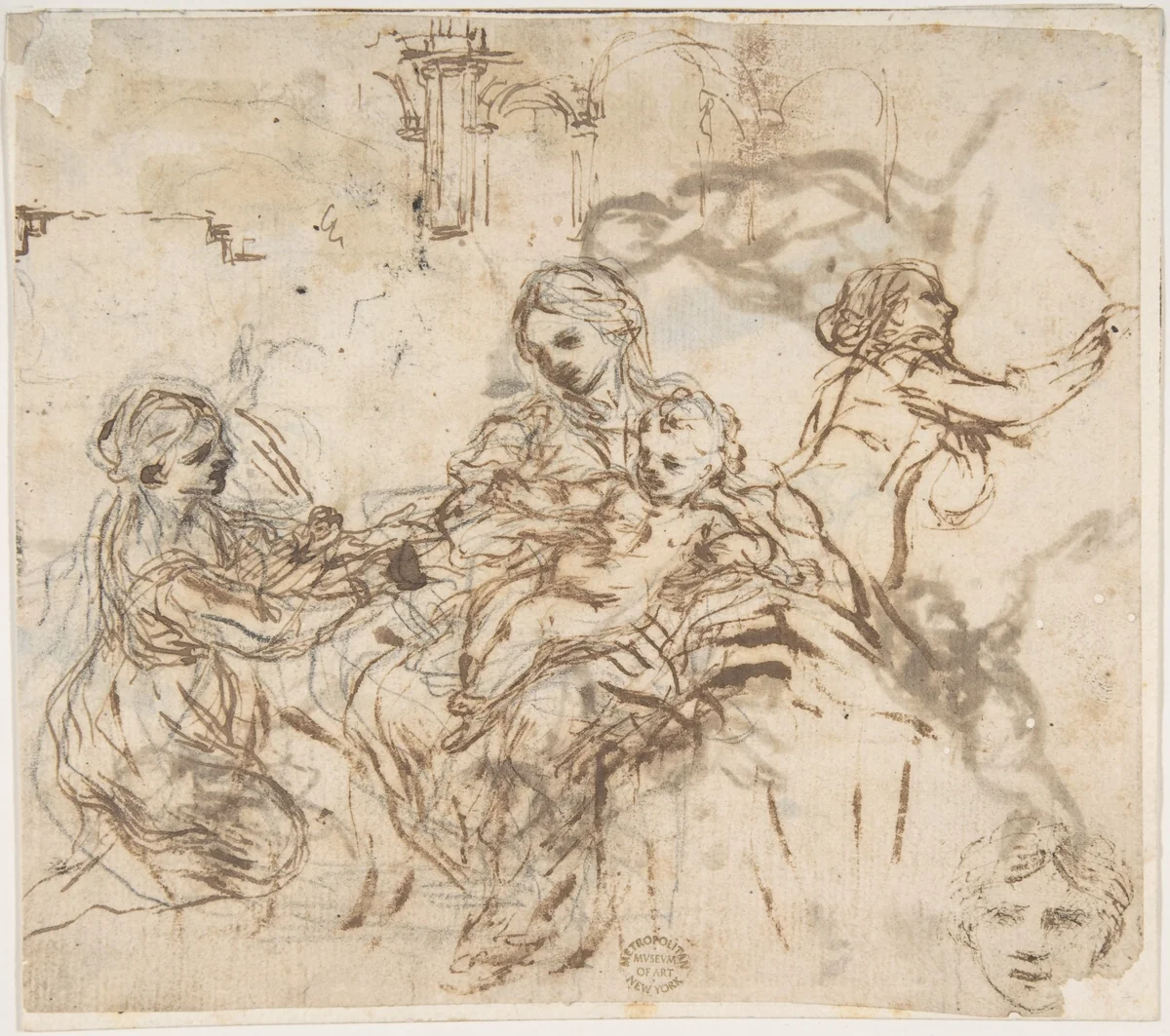 The Virgin and Child with Saint Martina, Another Study of Saint Martina, Studies of a Head, and of an Arcade (recto); Figure Studies (verso) by Pietro da Cortona, drawing, 1596-1669