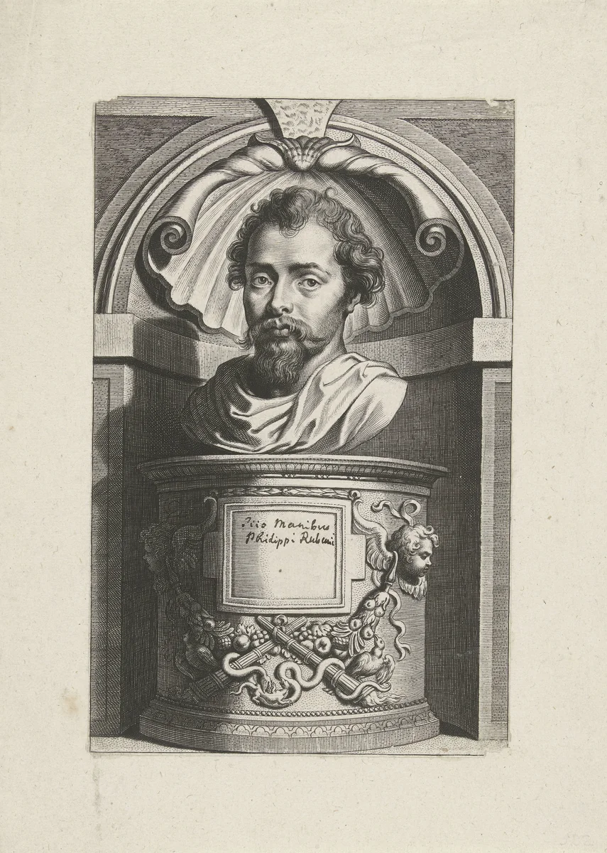 Portretbuste van Philip Rubens, oudheidkundige en filoloog by Cornelis Galle, print, 1615