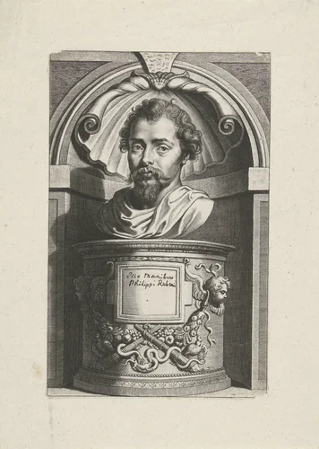 Portretbuste van Philip Rubens, oudheidkundige en filoloog by Cornelis Galle, print, 1615