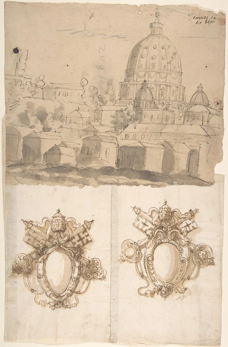 St. Peter's, view from the southeast; Unidentified, blank, papal escutcheons (recto) blank (verso) by anonymous, drawing, 1500-1560