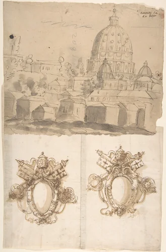 St. Peter's, view from the southeast; Unidentified, blank, papal escutcheons (recto) blank (verso) by anonymous, drawing, 1500-1560