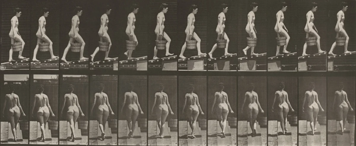 Plate Number 83. Ascending an incline with a bucket of water in right hand by Eadweard Muybridge, photograph, 1887