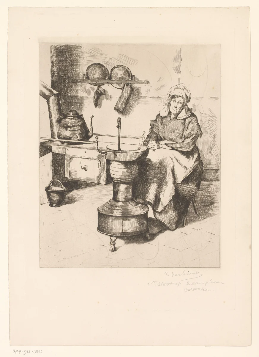 Vrouw warmt haar voeten bij een kachel in de keuken by Piet Verhaert, print, 1862-1908