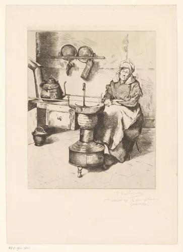 Vrouw warmt haar voeten bij een kachel in de keuken by Piet Verhaert, print, 1862-1908