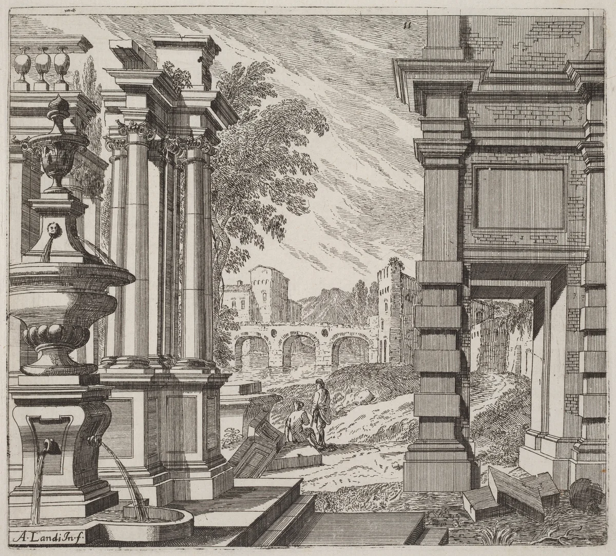 Architectural Fantasy with a Fountain, Classical Ruins, and a Bridge by Giuseppe Antonio Landi, print, 1719-1753