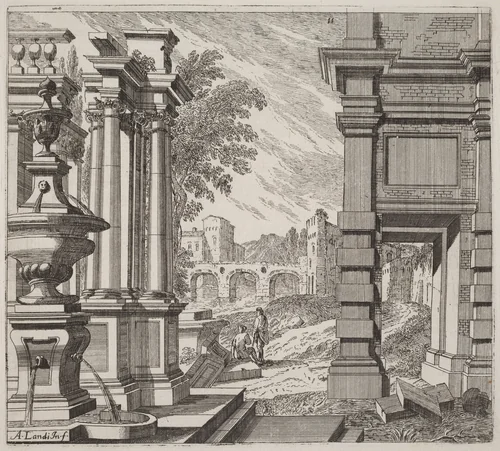 Architectural Fantasy with a Fountain, Classical Ruins, and a Bridge by Giuseppe Antonio Landi, print, 1719-1753