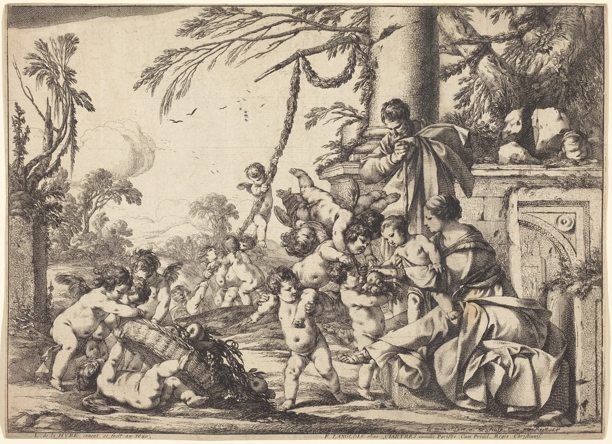 Holy Family with Putti by Laurent de La Hyre, print, 1640