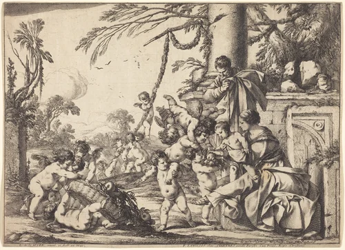 Holy Family with Putti by Laurent de La Hyre, print, 1640