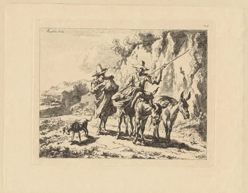 Man spreekt herder met ezels aan by François Vivares, print, 1719-1780