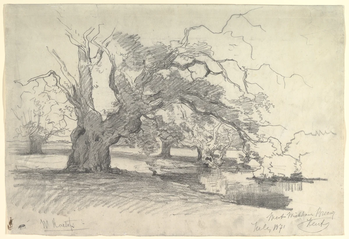 Landscape with Trees near a Pond by Willem Roelofs, drawing, 1840-1897