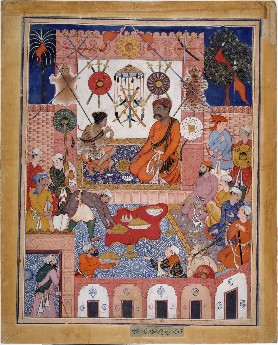 "Misbah the Grocer Brings the Spy Parran to his House", Folio from a Hamzanama (The Adventures of Hamza) by Dasavanta, manuscript, 1545-1595
