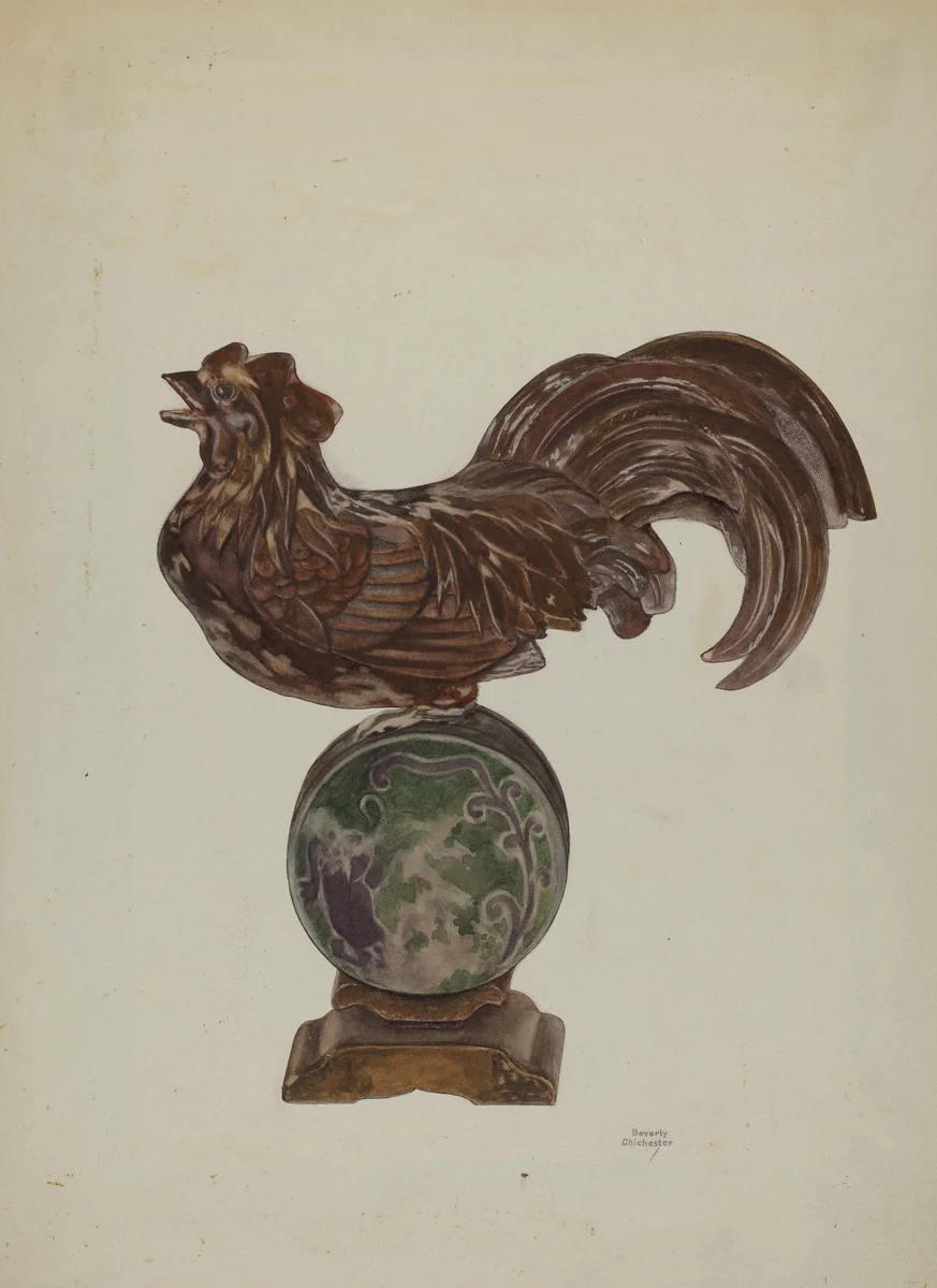 Pa. German Rooster Mantel Ornament by Beverly Chichester, index of american design, 1941