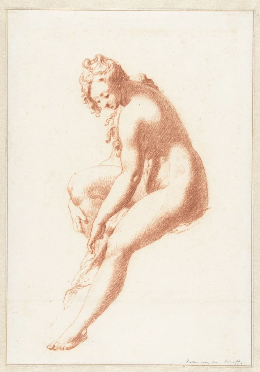 Zittend vrouwelijk naakt, een voet afdrogend by Pieter van der Werff, drawing, 1675-1722
