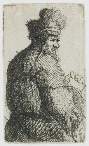 Sheet of studies of men's heads: old man seen from behind, profile right: half-figure by Rembrandt van Rijn, print, 1629