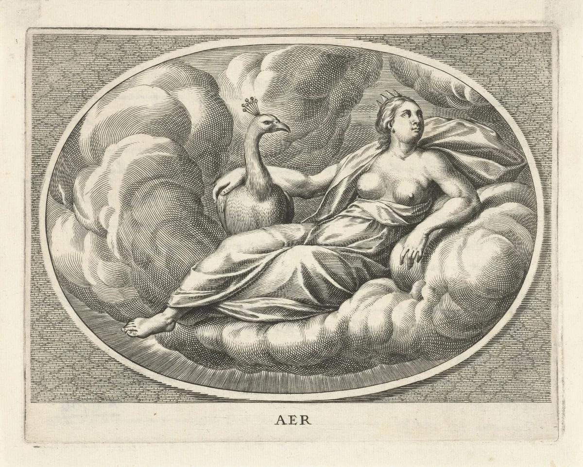 Vrouwelijke personifcatie van element lucht als godin Juno met pauw by Cornelis van Dalen, print, 1648-1664