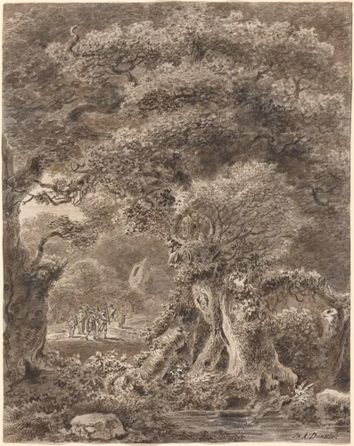 Musicians Traveling through a Forest by Balthasar Anton Dunker, drawing, 1780