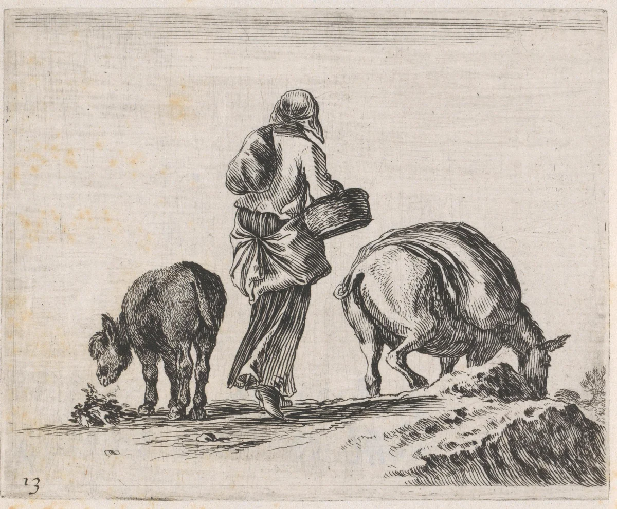 Boerin met twee ezels van achteren gezien by Stefano della Bella, print, 1632-1664