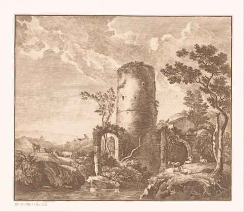 Landschap met ruïne van toren by Carl Friedrich Holtzmann, print, 1770