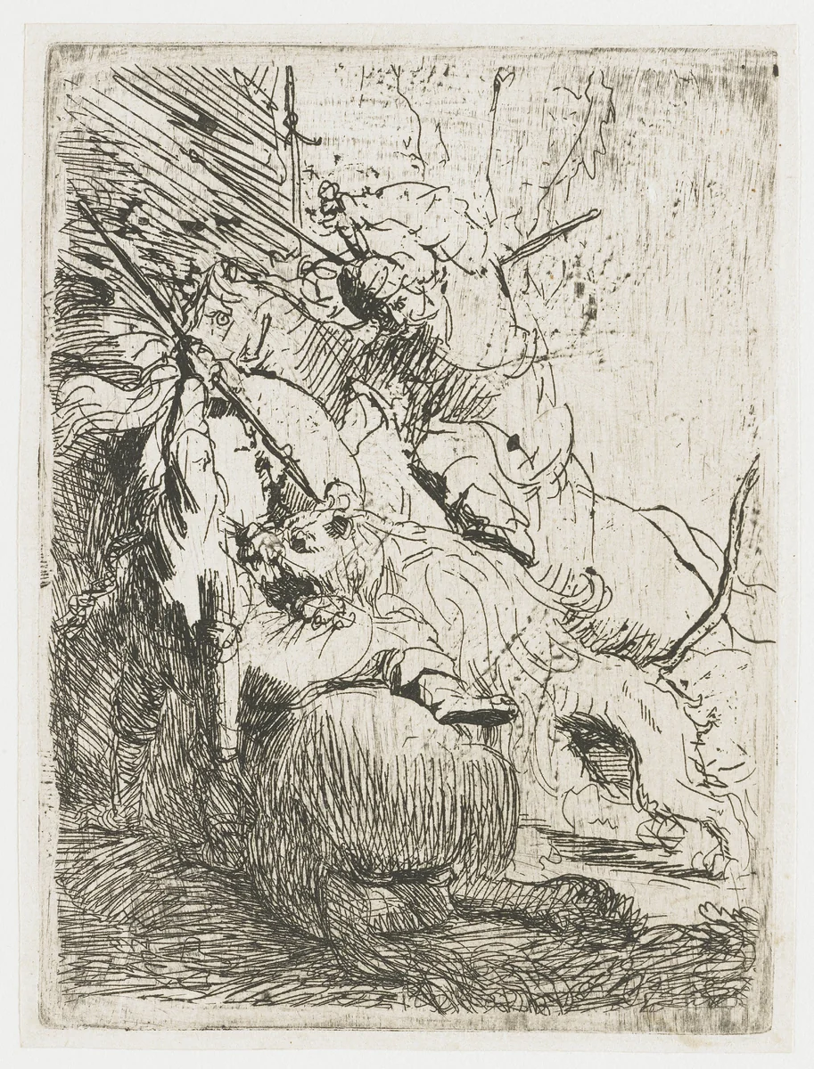 The Small Lion Hunt, with One Lion by Rembrandt van Rijn, print, 1629