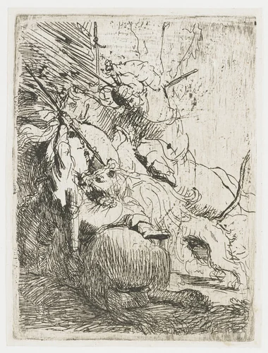 The Small Lion Hunt, with One Lion by Rembrandt van Rijn, print, 1629