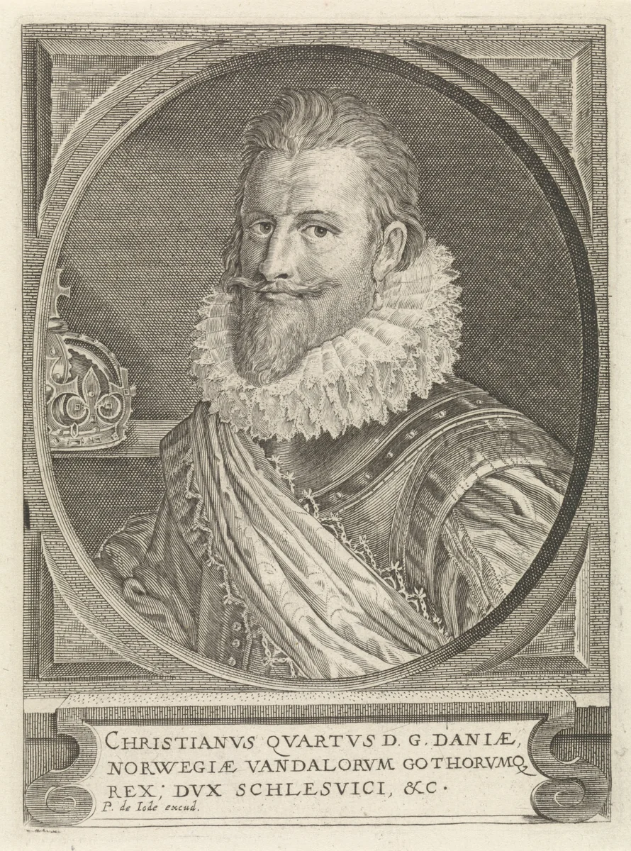 Portret van Christiaan IV, koning van Denemarken by Pieter de Jode, print, 1628-1670